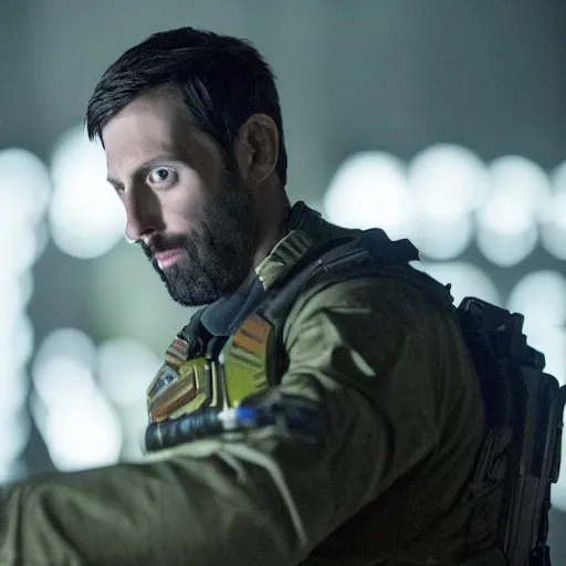 Image similar to NCIS New Orleans actor Rob Kerkovich in the tv series Halo, cinematic film still, atmospheric lighting