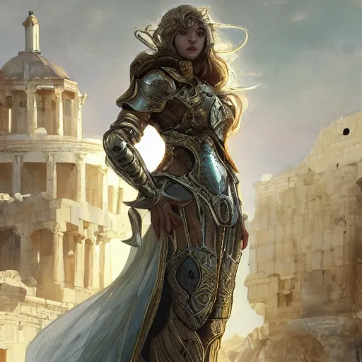 Image similar to portrait knights of Zodiac girl, silver and ice color reflected armor, in ruined Agora of Athens, ssci-fi, fantasy, intricate, very very beautiful, elegant, golden light, highly detailed, digital painting, artstation, concept art, smooth, sharp focus, illustration, art by tian zi and WLOP and alphonse mucha