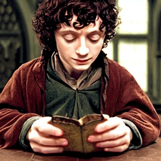 Prompt: frodo baggins in hogwarts learning magic