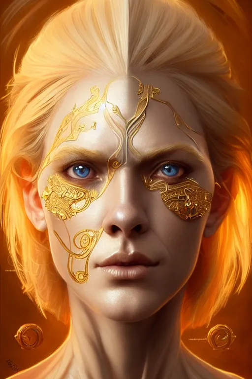 Image similar to symmetry!! portrait of a middle aged blonde haired woman in the style of god of war, golden machine parts embedded into face, intricate, elegant, highly detailed, digital painting, artstation, concept art, smooth, sharp focus, illustration, art by artgerm and greg rutkowski and alphonse mucha, 8 k