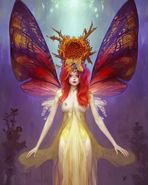 Image similar to stunningly beautiful female faerie priestess in amanita muscaria forest landscape, symmetrical wings on back, neon hair, fantasy art, wearing a dress of gossamer gold, dark light night, sharp focus, digital painting, 4 k, concept art, art by wlop, greg rutkowski and alphonse mucha, brom, face by otto schmidt