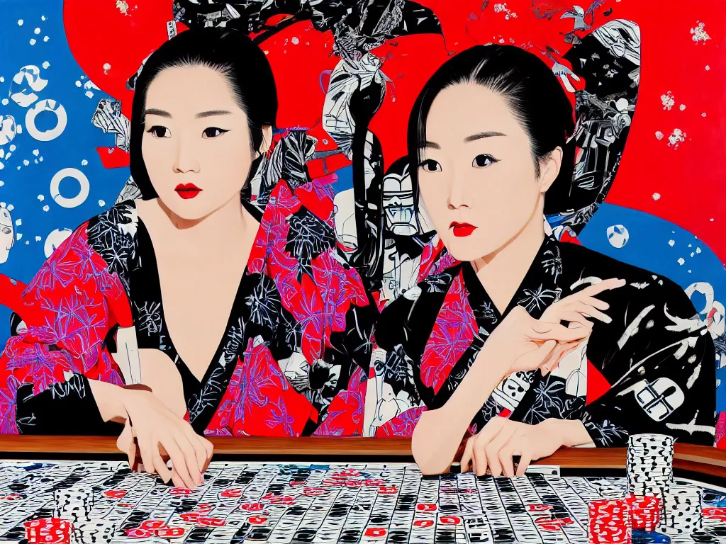 Image similar to hyperrealism composition of the detailed woman in a japanese kimono sitting at an extremely detailed poker table with darth vader, fireworks on the background, pop - art style, jacky tsai style, andy warhol style, acrylic on canvas