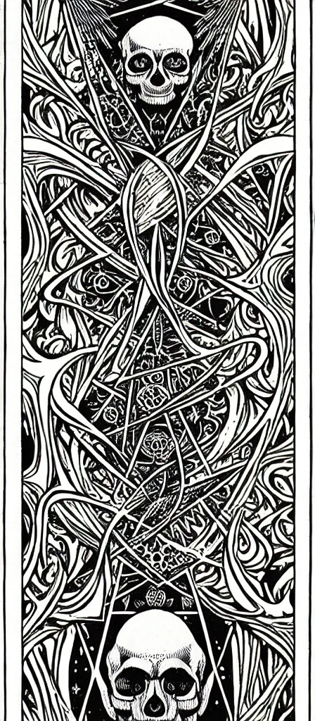 Image similar to a beautiful fractal tarot card featuring bold occult imagery with clean lines. skulls. punk. dimension. haeckel. fish and sea creatures. detailed adult coloring book