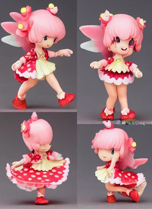 Prompt: a wholesome femo figurine of a cute funny strawberry fairy with freckles wearing a frilly floral strawberry dress featured on yotsuba by studio ghibly and disney, pastels, wide angle, dynamic dancing pose, 🎀 🍓 🧚