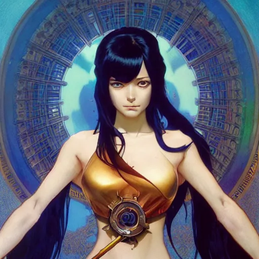 Image similar to highly detailed vfx portrait of nico robin, stephen bliss, greg rutkowski, loish, rhads, beeple, makoto shinkai, tom bagshaw, alphonse mucha, sharp focus, art by artgerm and greg rutkowski, stanley kubrick, backlit, harsh overhead sunlight, blue eyes,