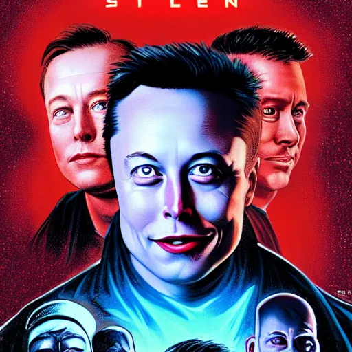 Image similar to movie poster of elon musk as a villain who looks at the planet mars with a macabre smile, his face is illuminated with a red light, drew struzan style