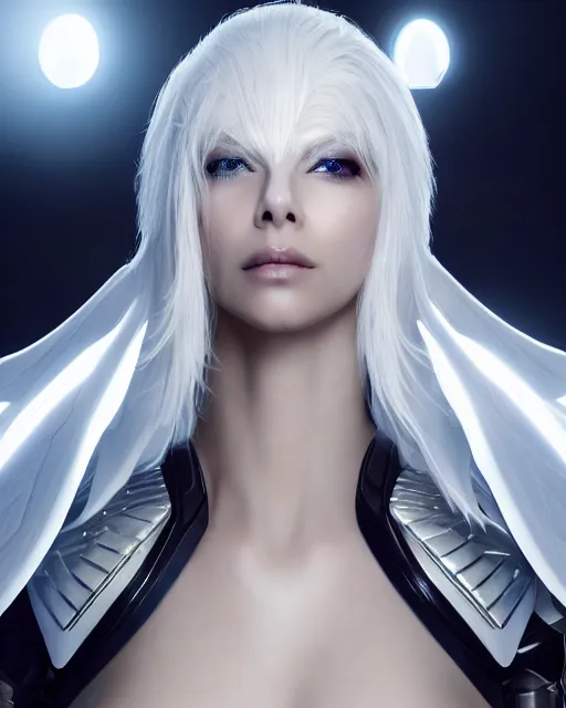 Prompt: perfect white haired attractive egyptian goddess with huge white dove wings, warframe armor, beautiful, symmetric, charlize theron, half asian, pretty face, blue eyes, scifi platform, laboratory, experiment, 4 k, ultra realistic, epic lighting, android body, illuminated, cinematic, masterpiece, art by akihito tsukushi, voidstar