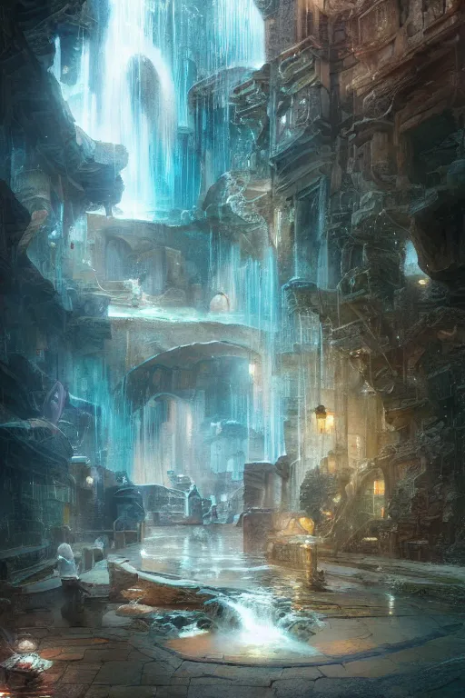 Image similar to inside the antique street of atlantis the city of water, waterfall, intricate, elegant, volumetric lighting, digital painting, highly detailed, artstation, sharp focus, illustration, concept art, ruan jia, steve mccurry