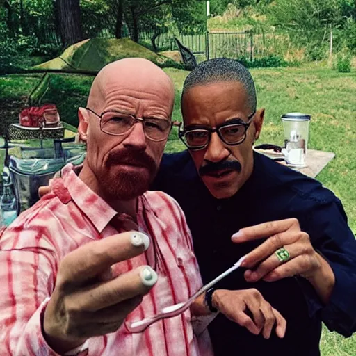 Prompt: walter white and gus fring having a barbeque, selfie