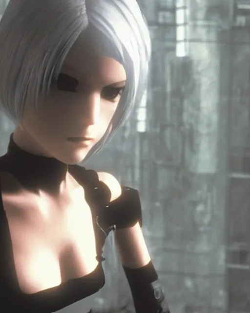 Image similar to film still close - up shot of 2 b nier automata from the movie half life game ( 1 9 9 8 ). photographic, photography