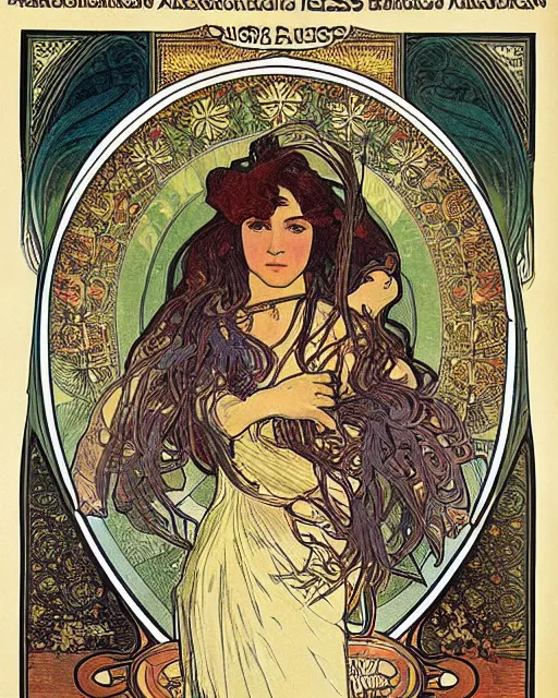 Prompt: four of an eagle, face of an lion, face of an ox, face of an human, on one creature. drawn by alphonse mucha