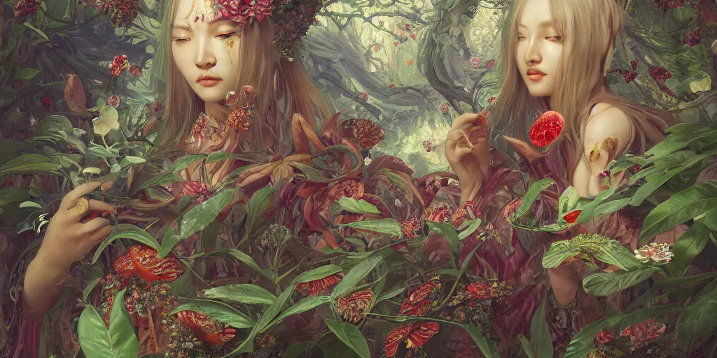 Image similar to breathtaking detailed concept art painting of the goddess of rafflesia arnoldii flowers, orthodox saint, with anxious, piercing eyes, ornate background, amalgamation of leaves and flowers, by Hsiao-Ron Cheng, James jean, Miho Hirano, Hayao Miyazaki, extremely moody lighting, 8K