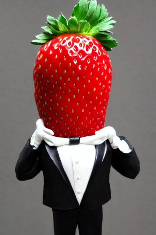 Prompt: a buff strawberry man wearing a tuxedo, he has a giant strawberry instead of a head