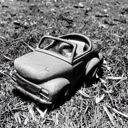 Image similar to a 1 9 5 0 s ride - on toy car, abandoned on the side of the road, in a soviet wasteland. weeds are overgrown and the eyes on the car look slightly angry. the wheels seem to be turning into hands. black and white photo. surrealism.