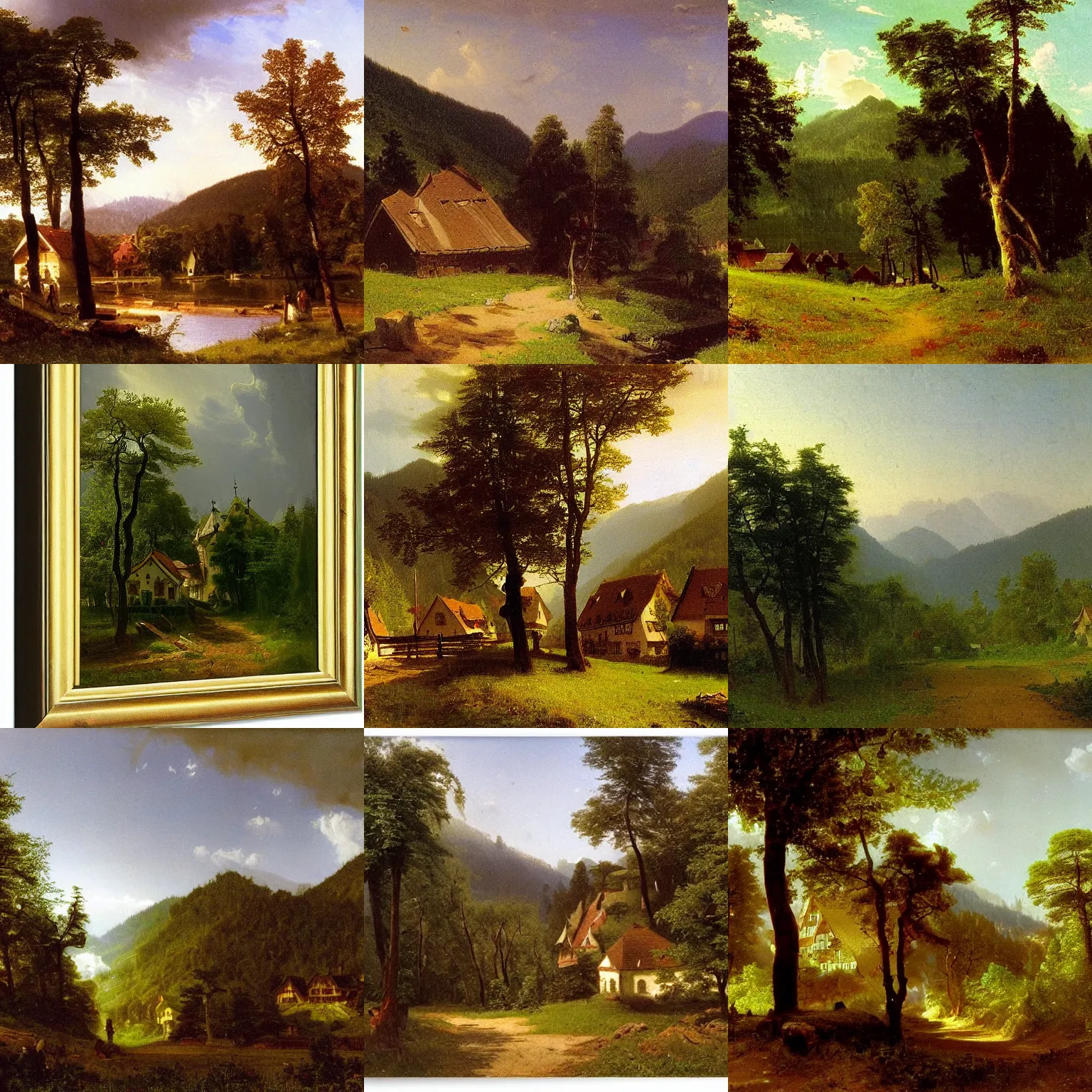 Prompt: a small village in the german black forest painted by albert bierstadt