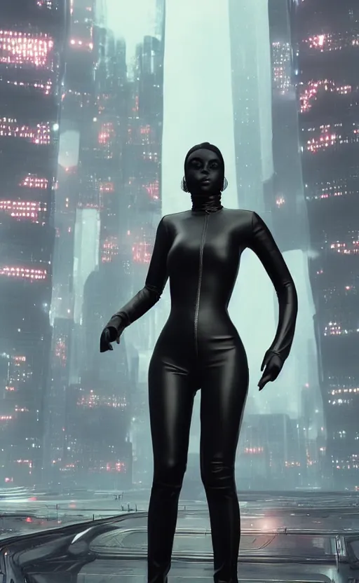 Image similar to a beautiful Black woman wearing leather black catsuit, standing in futuristic blade runner city, unreal engine, artstation