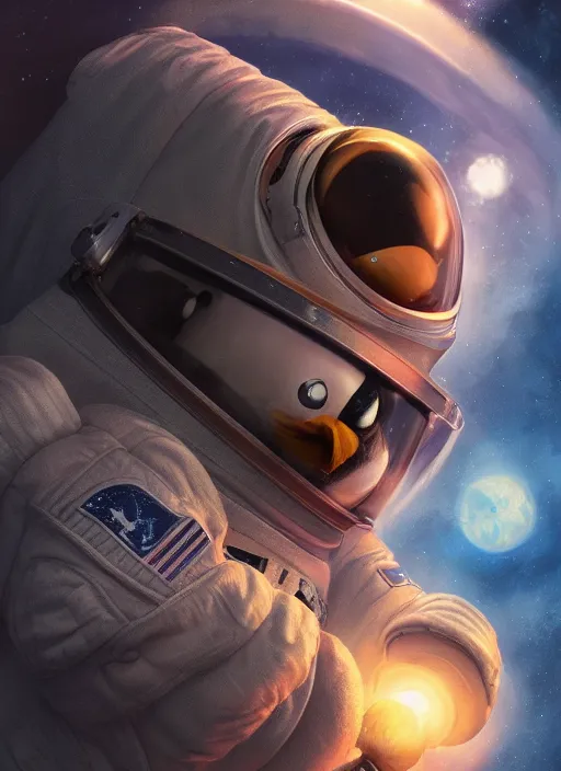 Image similar to astronaut penguin in space adventure movie by nuri iyem, james gurney, james jean, greg rutkowski, anato finnstark. pixar. hyper detailed, 5 0 mm, award winning photography, perfect faces