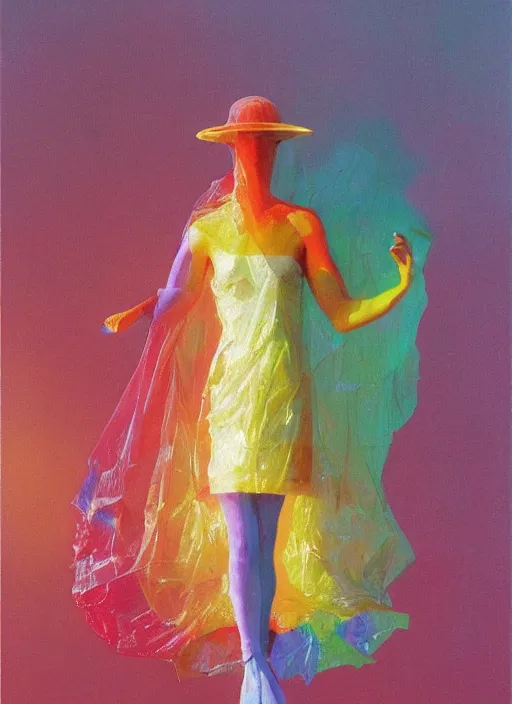 Image similar to colorful rainbow woman in a translucent clothing made from plastic bag with paper bags for clothes standing inside paper bags with paper bag over the head at store display, highly detailed, artstation, art by paul lehr, edward hopper, zdislav beksinski, wayne barlowe