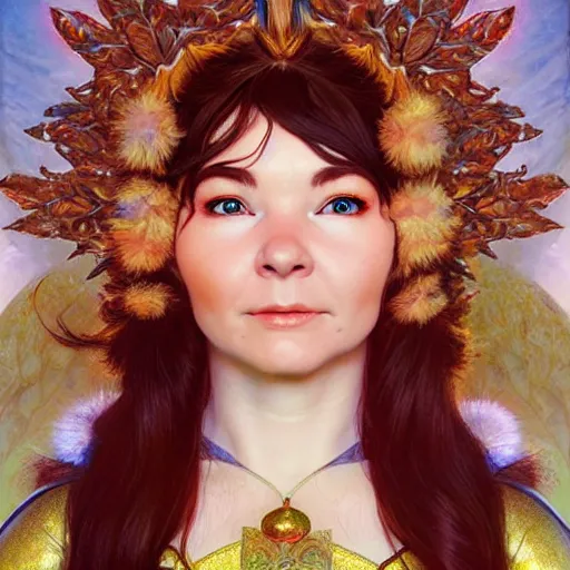 Image similar to portrait of bjork as dmt elf, 8 k highly detailed, sharp focus, illustration, art by artgerm, mucha, bouguereau