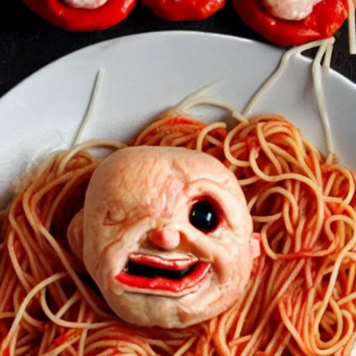 Prompt: spaghetti with meatballs shaped like screaming chucky doll