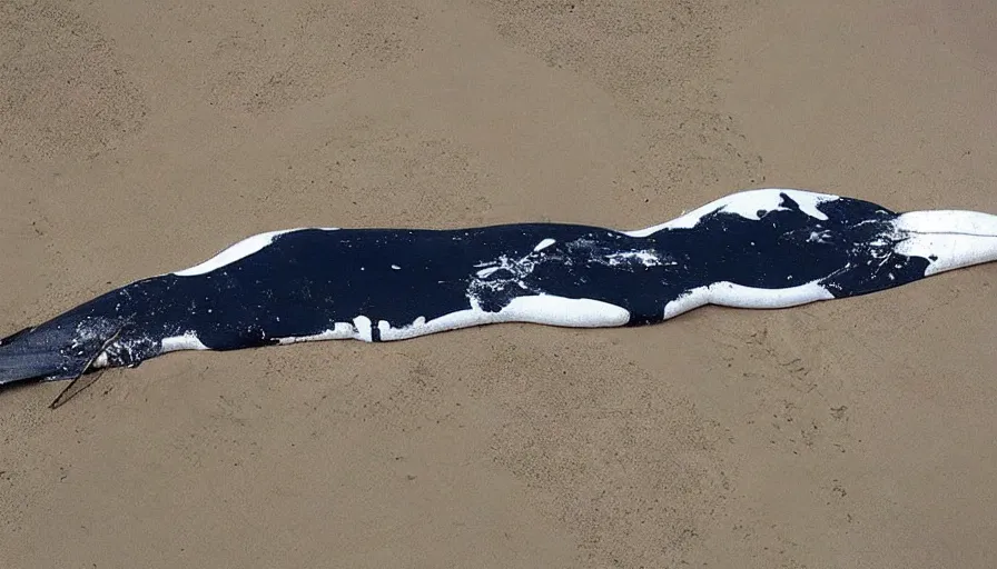 Prompt: astronaut suit in the shape of a whale, washed up on the beach. cnn news footage taken from above.