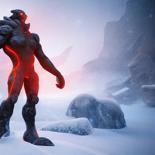 Prompt: a lava man on a snowy biome, heatwave, fantasy, hyper realism, behance, artstation, unreal engine 5, octane, deviantart