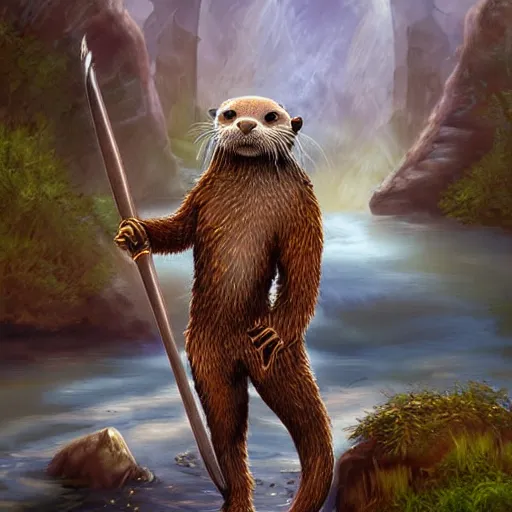 Image similar to furry otter warrior, fantasy art, lightweight armour, near the river, waterfall, digital art, high quality