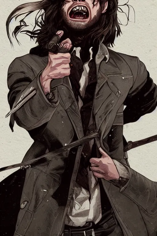 Image similar to sebastian stan in sleepy hollow, full body, big two toned eyes, teeth gritted, horror, intricate details, cinematic, epic, realistic, anatomy, tomer hanuka, uplight, artstation, photorealistic, scary