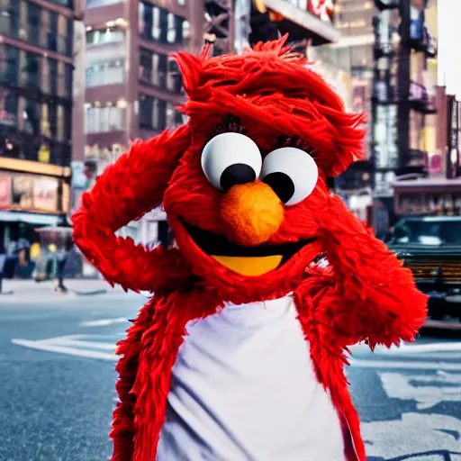 Prompt: Elmo from sesame street dressed up as a mega stylish rapper, wearing a hoodie and gold chain and backwards hat, in New York City, highly detailed, 4K, moody lighting, 90’s vibe, 3d render, octane redshift, 8k