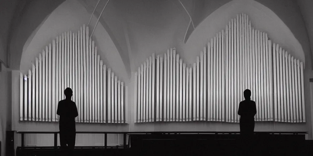 Prompt: silhouetted pipe organ, volumetric lighting, Portra 160, night time, ominous