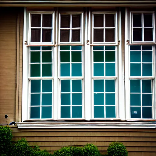 Image similar to a detailed photograph of the outside of a house with curtains in the windows 8 k, highly detailed, editorial, someone is watching you from behind the curtain