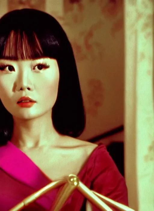 Image similar to a close up portrait film still of a bored stunning vietnamese actress from a year nineteen - seventy - two italian giallo film about finding a villain, global illumination, ultra ornate detail.