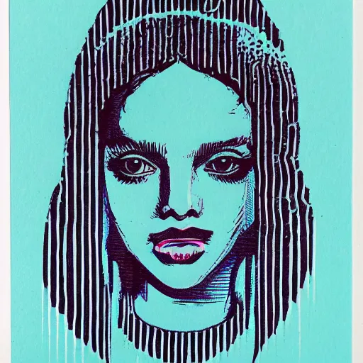 Image similar to a risograph of a beautiful woman, symmetrical