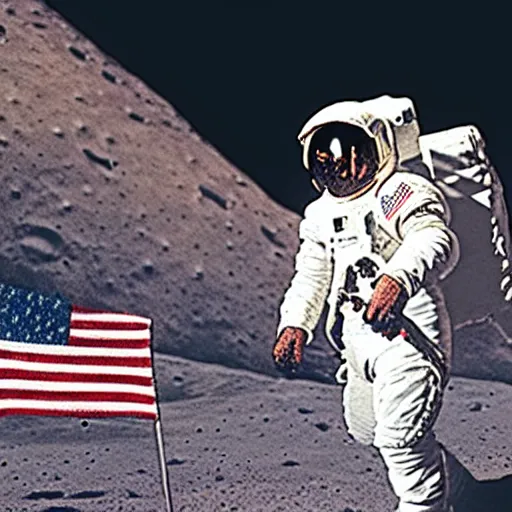 Prompt: fantasy illustration of american moon landing with american flag in 8 k