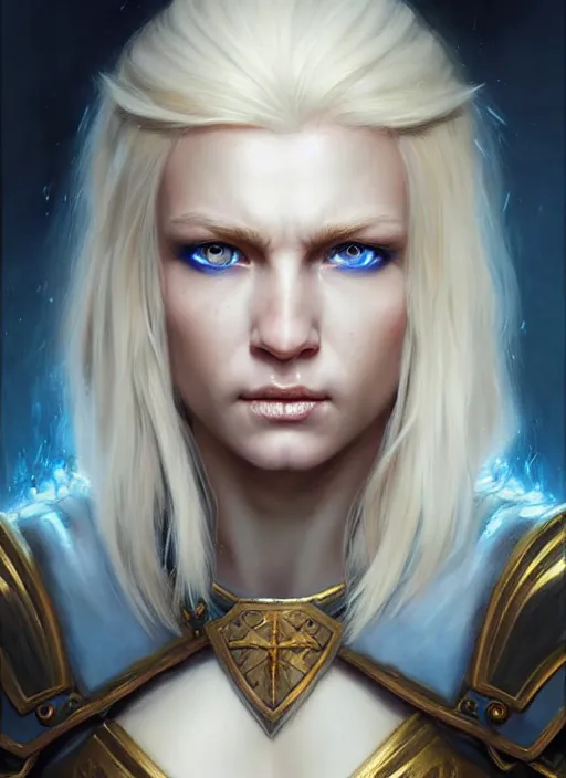 Image similar to a _ fantasy _ style _ portrait _ painting _ of white female paladin with blonde hair and blue eyes, scar under left eye, holy oil _ painting _ unreal _ 5 _ daz. _ rpg _ portrait _ extremely _ detailed _ artgerm _ greg _ rutkowski _ greg
