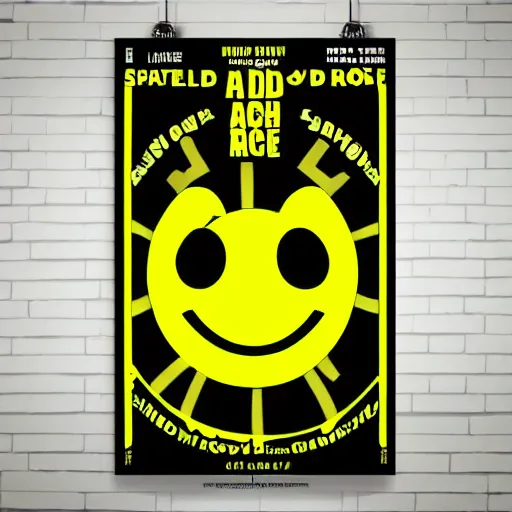 Image similar to acid house rave flyer, poster, smiley face, florescent yellow and black