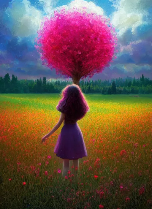 Image similar to girl with giant flower hair and flower dress, standing in a flower field hills, big trees, sunrise dramatic light, impressionist painting, colorful clouds, digital painting, pointillism, artstation, simon stalenhag