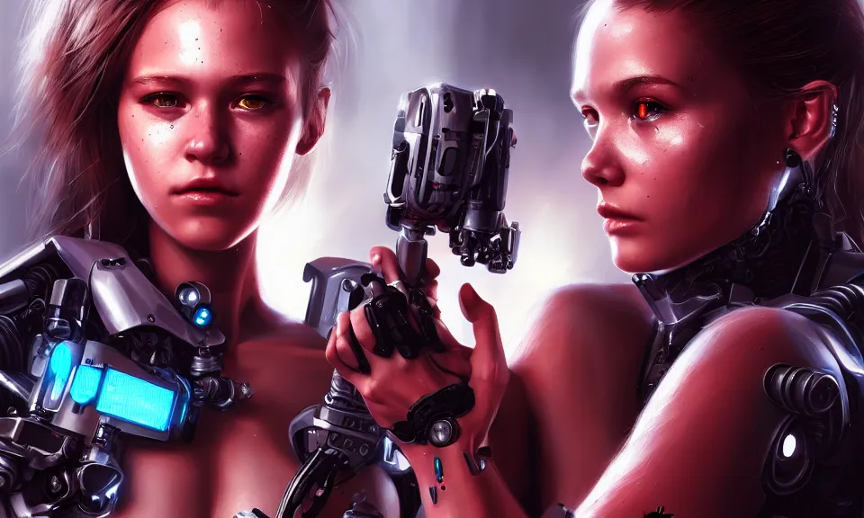 Prompt: a beautiful young girl with a cyborg body Fight with terminator, fine details, cyberpunk, realistic shaded Perfect face ,featured in cinematic, elegant, highly detailed,artstation,illustration, 8k