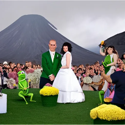 Prompt: bjork marrying kermit the frog, at a volcano, professional wedding photography, 8 k photo