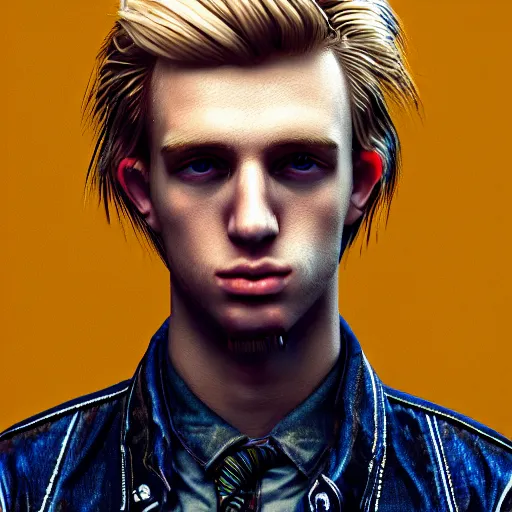 Image similar to A videogame portrait of a blond young Irish man. Rock star. Dressed in 1980s style. Highly detailed, fine Art, high detail, great lighting, 8k resolution, masterpiece, concept art, illustration, clear eyes, painting oil on canvas, octane render, HDR, trending on artstation, 4k, 8k, HD