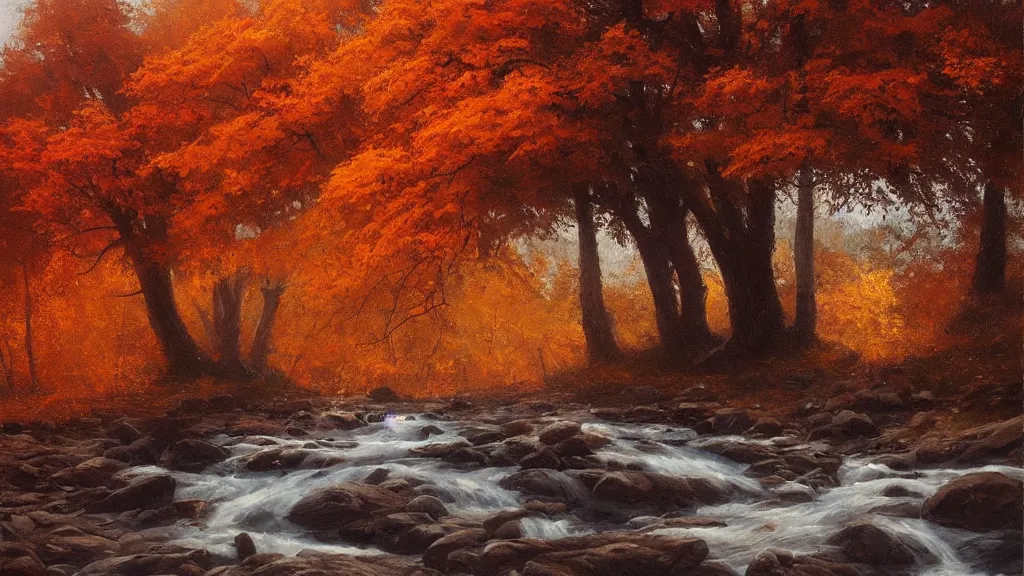 Image similar to A beautiful oil painting of a single tree, the tree is in the rule of thirds, the fall has arrived and the leafs started to become golden and red, the river is flowing its way, the river has lots of dark grey rocks, oil painting by Greg Rutkowski