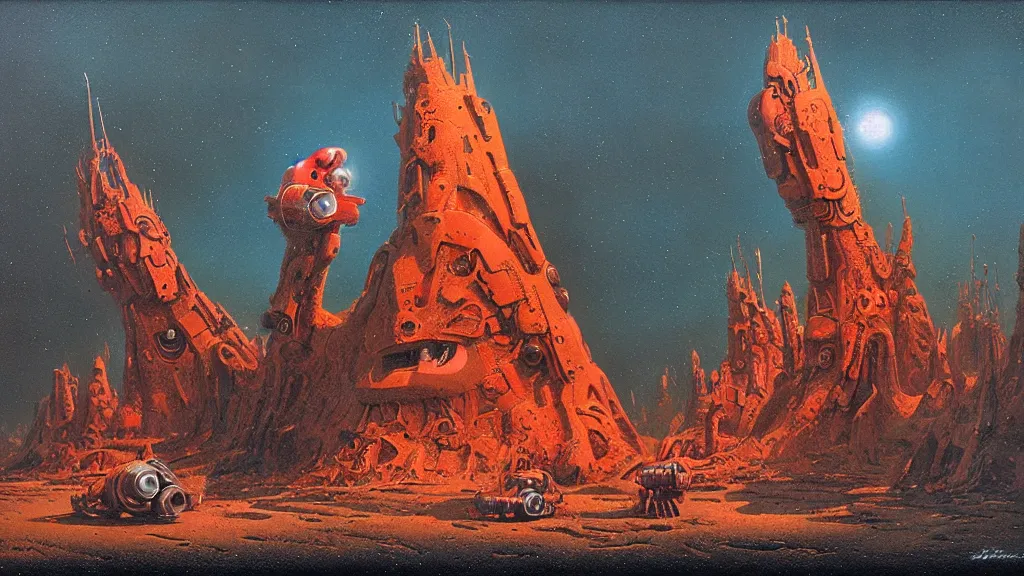 Image similar to mysterious whimsical sculpture of alien technology by paul lehr and john schoenherr and john harris, cinematic matte painting