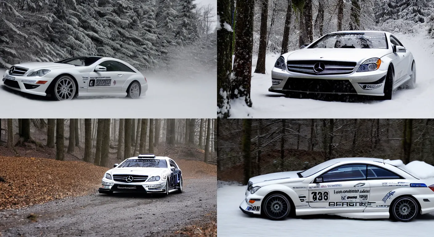 Prompt: a 2 0 1 0 mercedes - benz cl 6 5 amg, racing through a rally stage in a snowy forest
