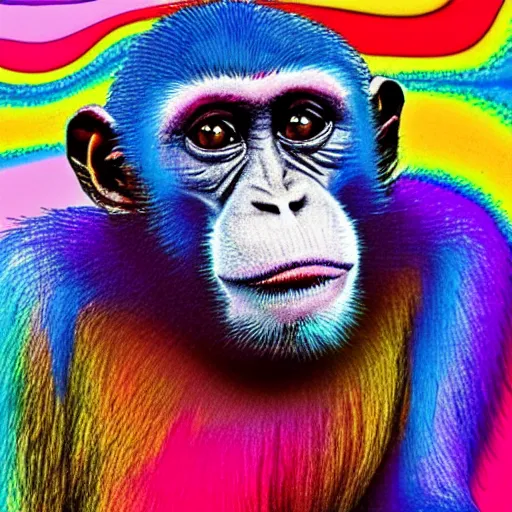 Prompt: psychedelic monkey sad thinking about the life, multicolor