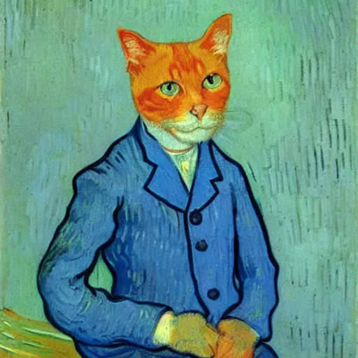 Image similar to a portrait of a ginger orange cat, wearing a light blue suit, by Vincent Van Gogh