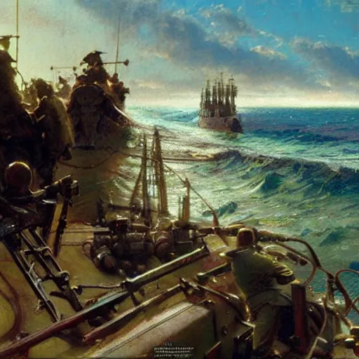 Image similar to detailed cinematic wide shot of swedish sea captain back view seeing his world war 2 battle ship attacking denmark, ultra realistic, spring light, painting by gaston bussiere, craig mullins, j. c. leyendecker