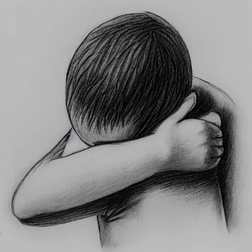 Image similar to sentimental boy hugging a cactus, pencil sketch, black and white