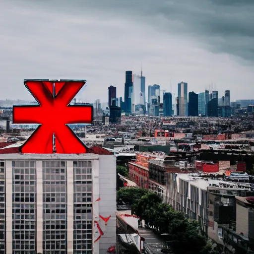 Prompt: a giant red x on the top of a building in the middle of metropolis