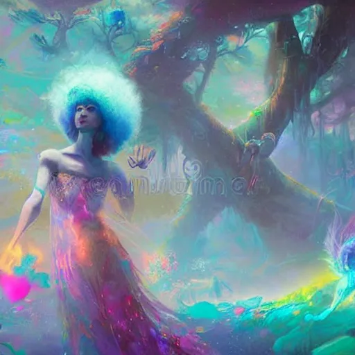 Image similar to a psychedelic realm where astral beings share love greg rutkowski wlop lisa frank bob ross ruan jia illustration