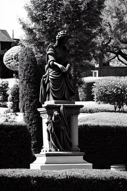 Image similar to A black and white garden with a red statue